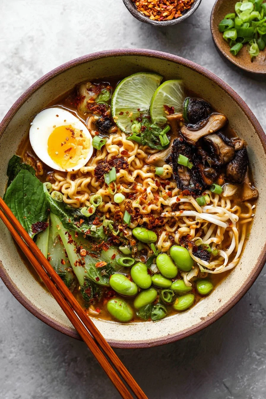 Bowl of spicy ramen noodles topped with fresh vegetables and herbs