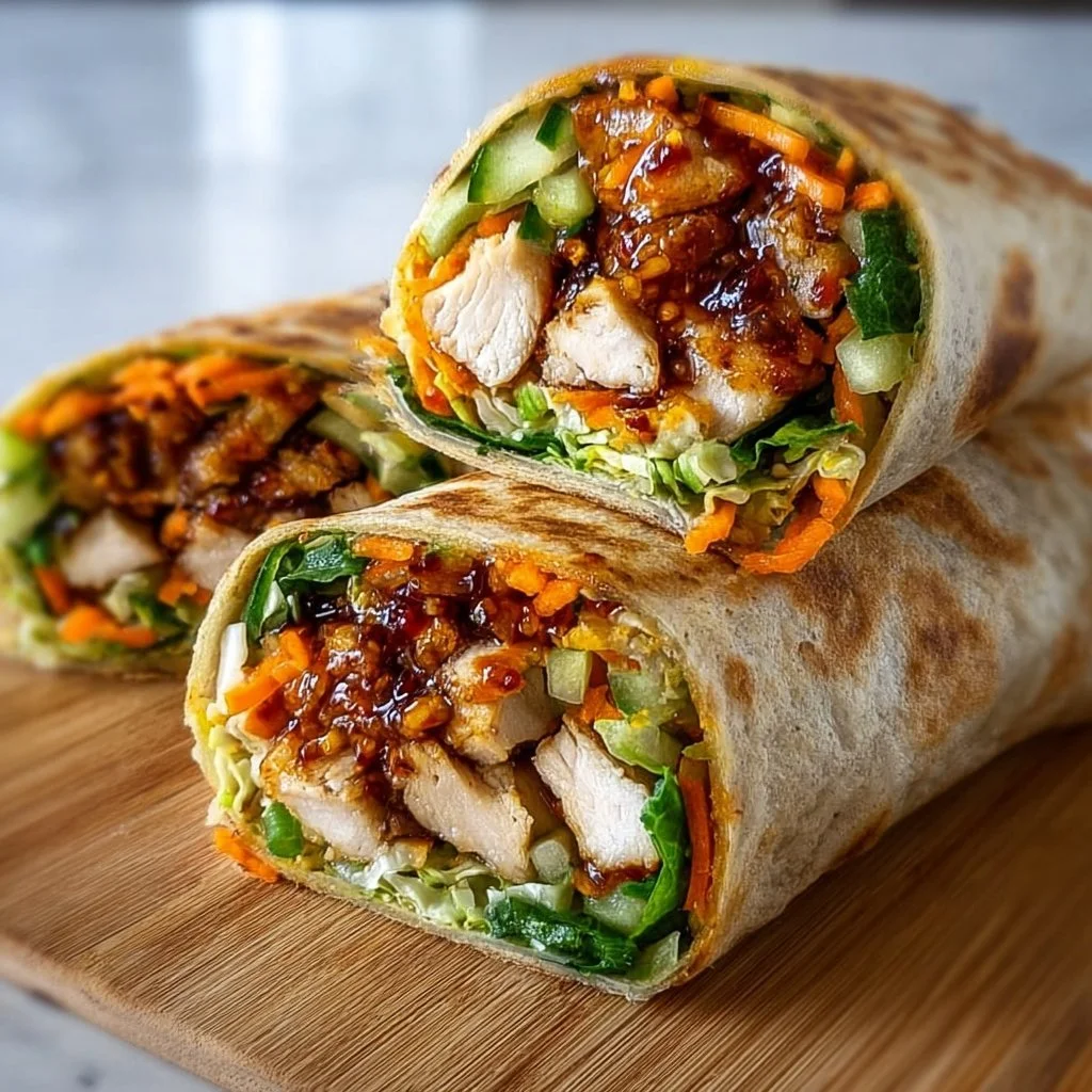 Sweet Chili Chicken Wraps served with fresh vegetables and sauce