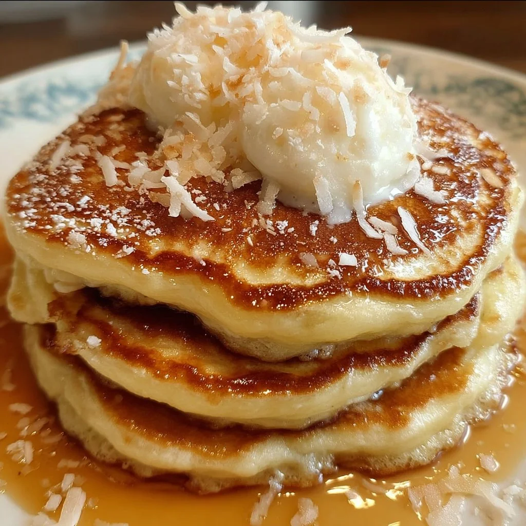 Fluffy sweet coconut cream pancakes topped with fresh fruit and syrup.