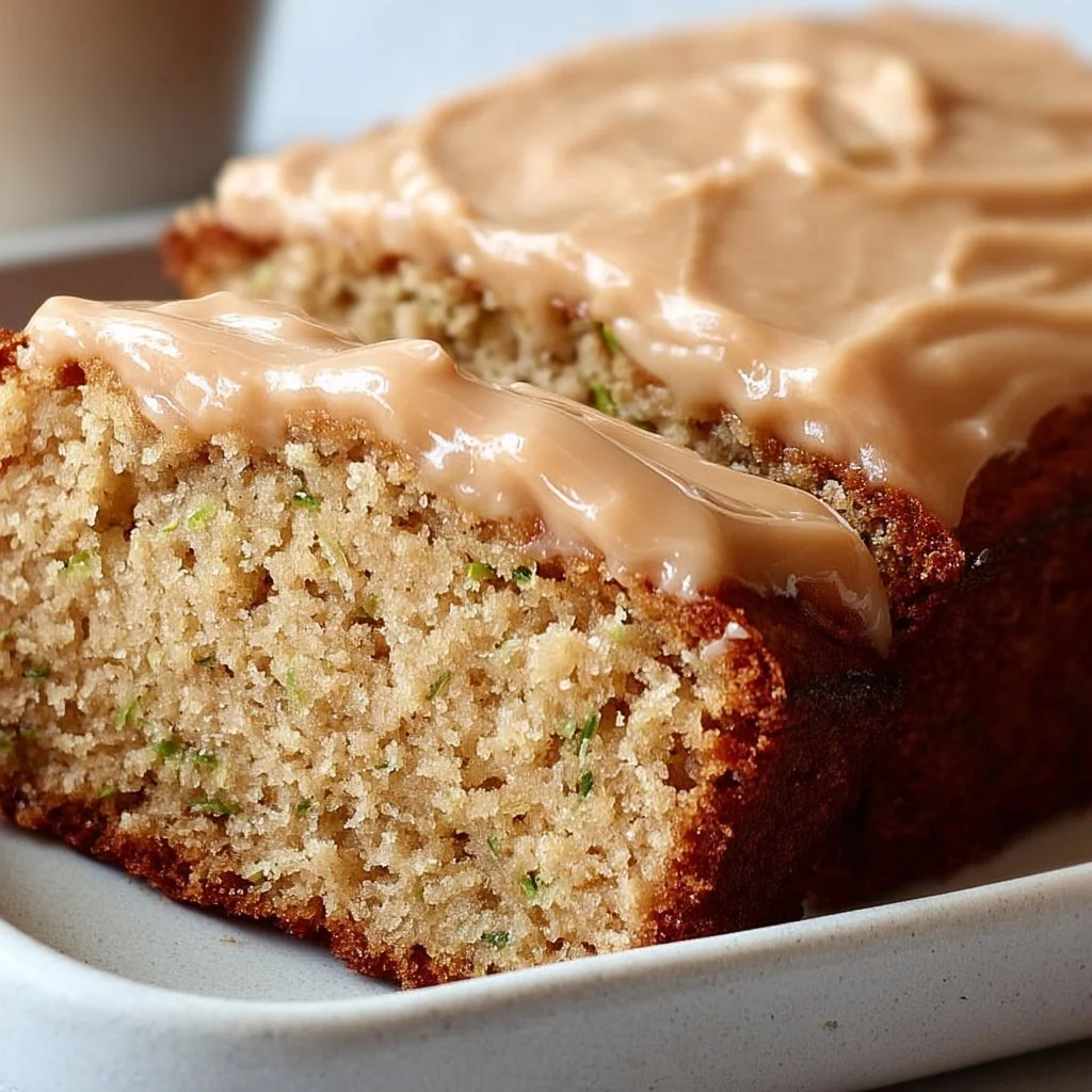 Sweet glazed zucchini cake with brown sugar icing on a rustic wooden table.
