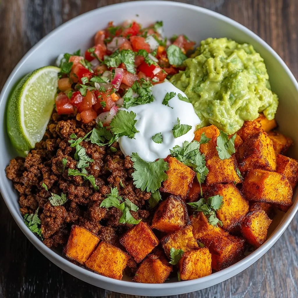 Colorful Sweet Potato Taco Bowl with fresh ingredients and toppings.