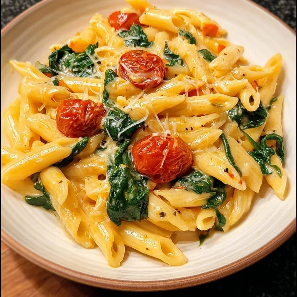 Bowl of tasty spinach tomato pasta with fresh ingredients