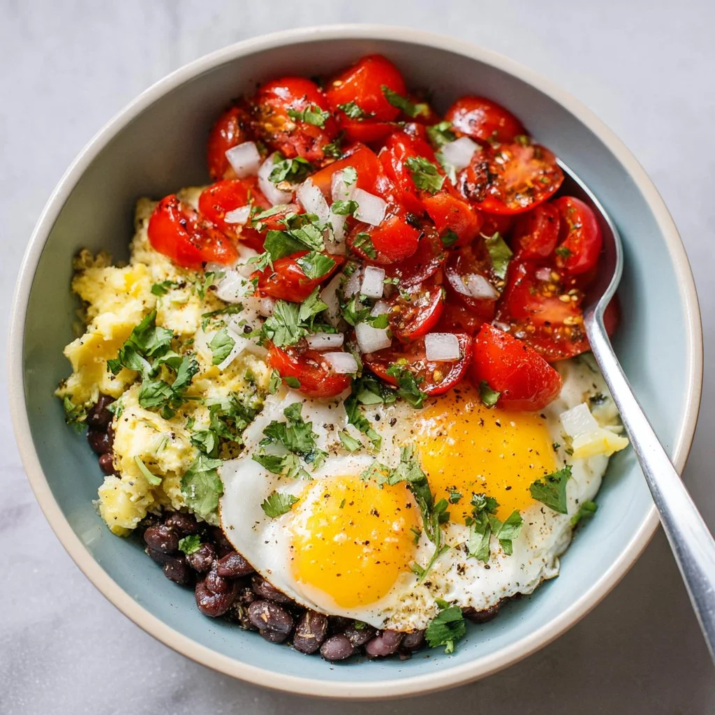 Colorful Tex-Mex breakfast bowls with eggs, avocado, and salsa.