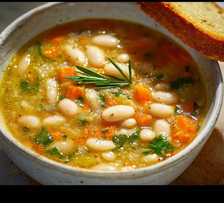 A delicious bowl of the best white bean soup garnished with herbs.