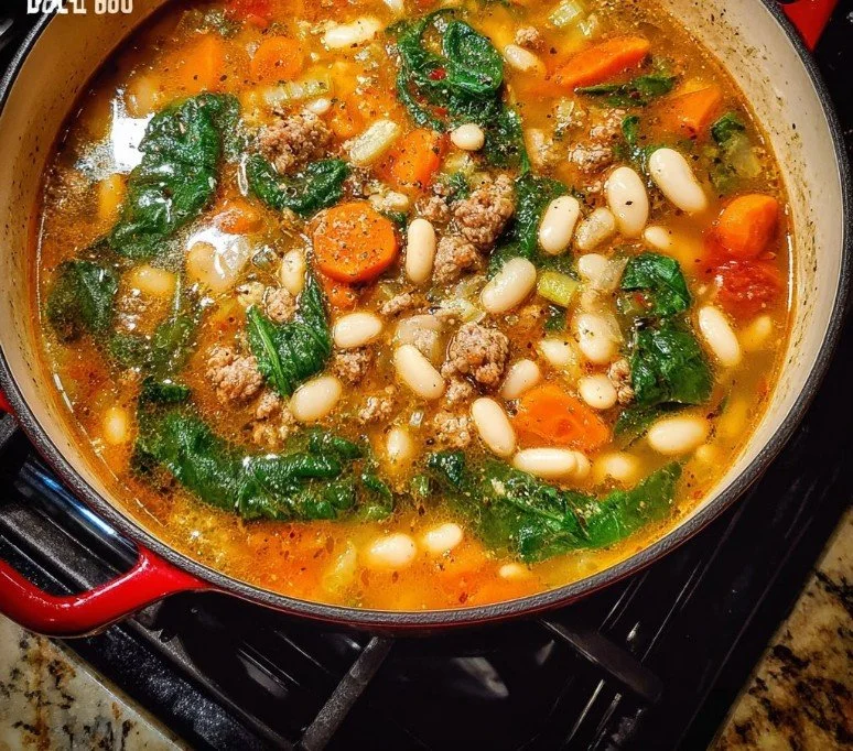 Bowl of Tuscan White Bean Soup garnished with herbs and served with bread