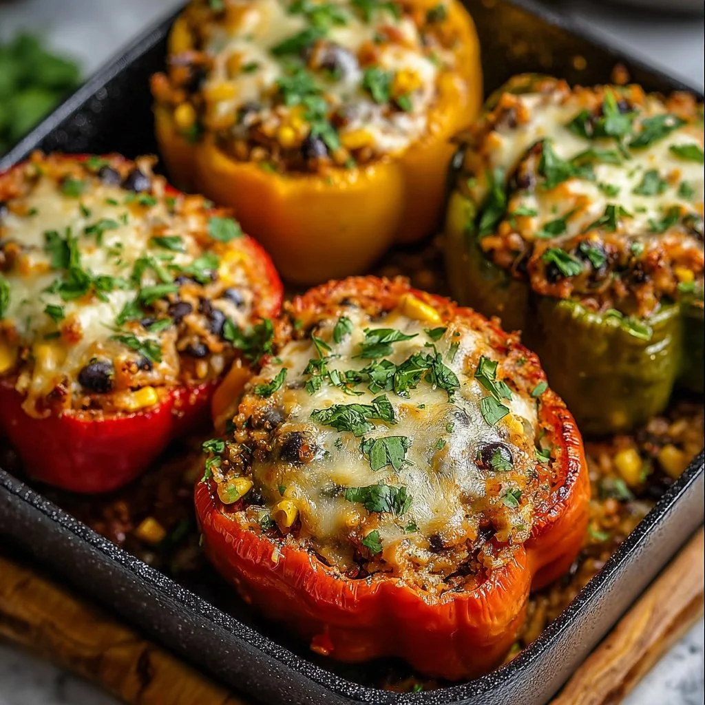 Vegetarian stuffed bell peppers filled with rice and vegetables