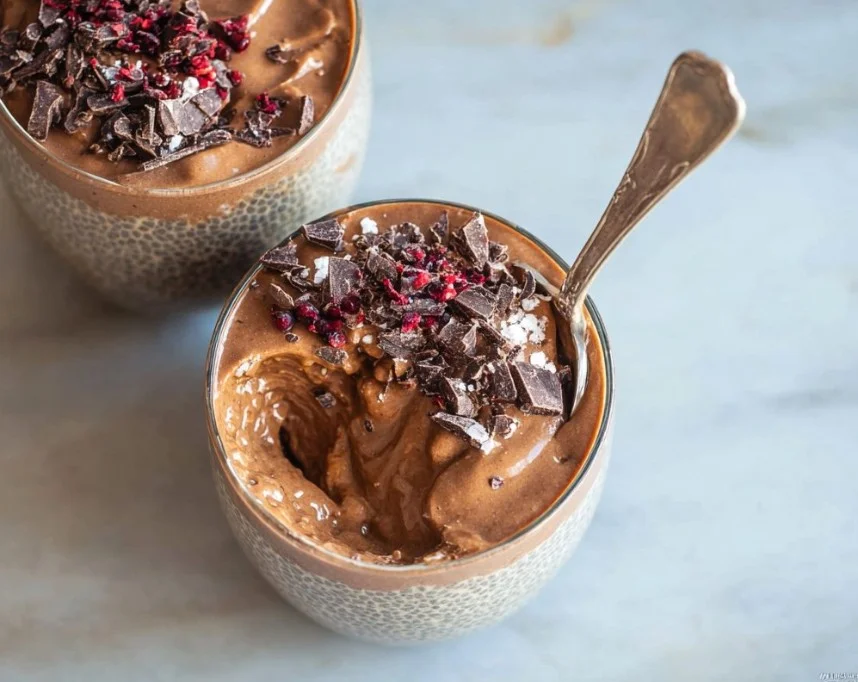 Vegan triple chocolate chia pudding topped with chocolate shavings and berries