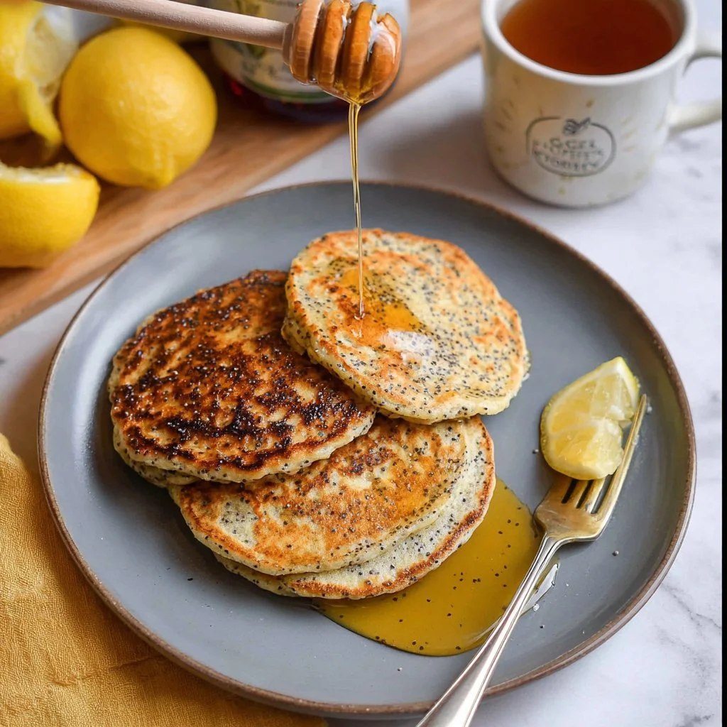 Delicious high-protein lemon poppyseed pancakes with lemon zest