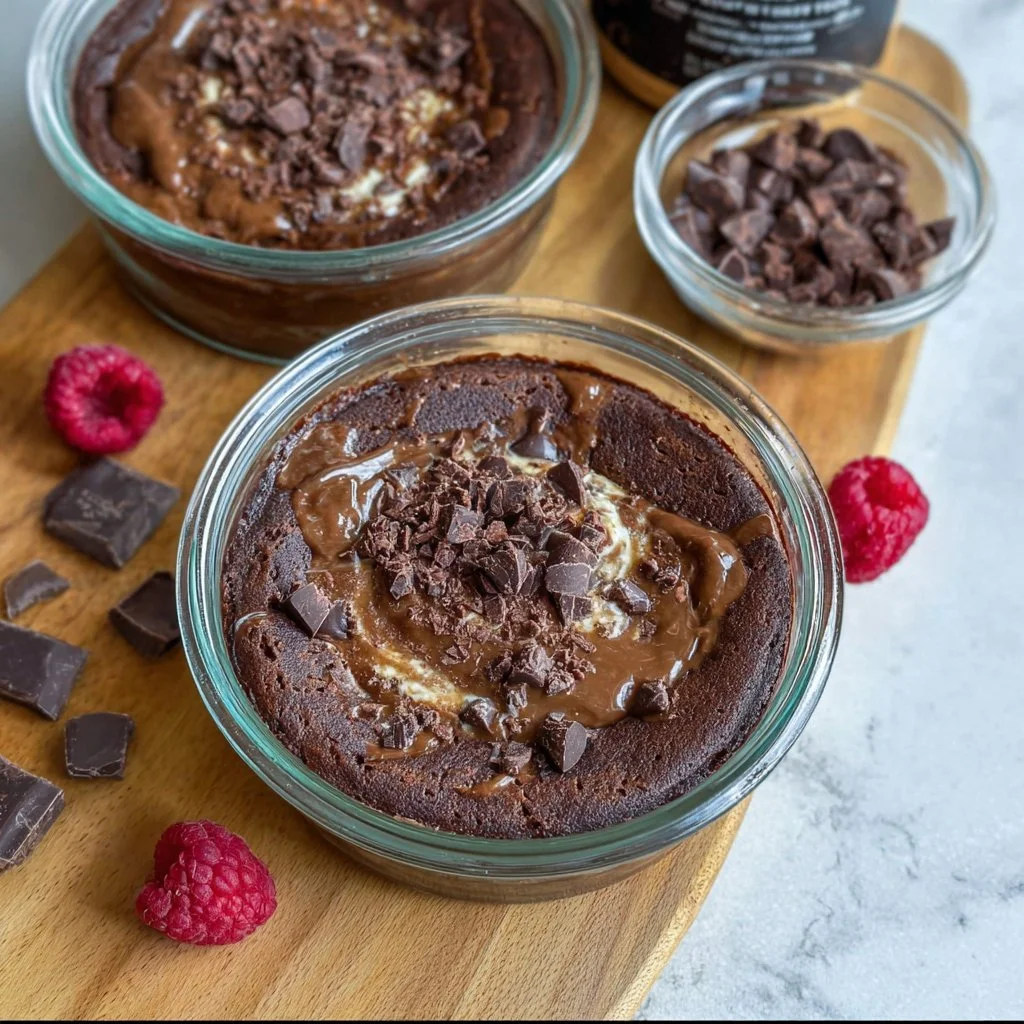Double chocolate baked pancake bowl topped with fresh berries and chocolate chips