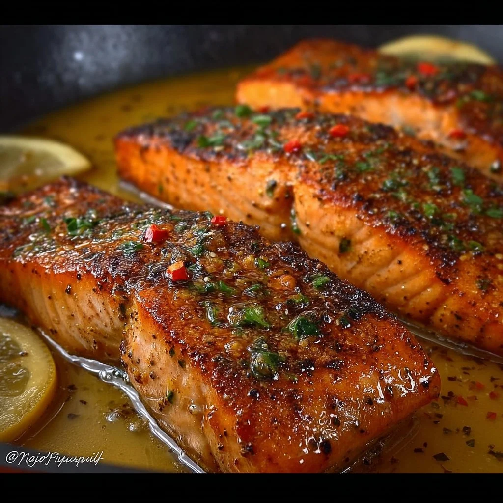 Plate of Cajun Honey Butter Salmon garnished with herbs and served with vegetables