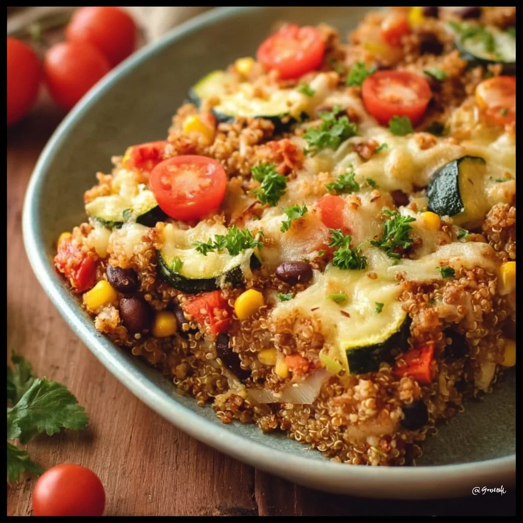 Vegan high-protein casserole dish with colorful vegetables and protein-rich ingredients.