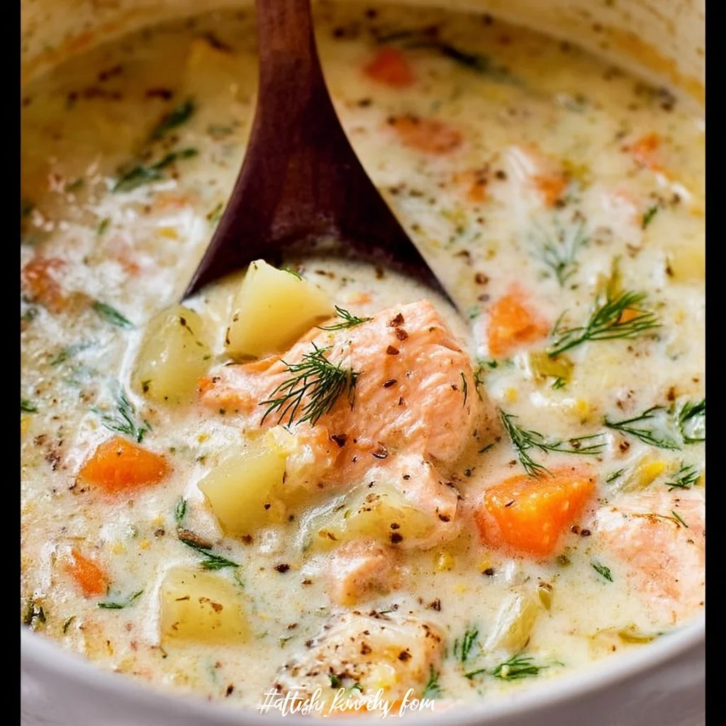 A bowl of 30-minute salmon chowder soup with vegetables and herbs.