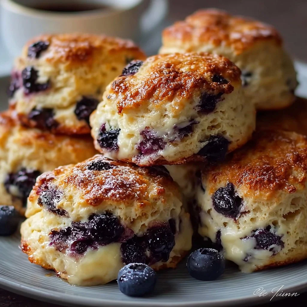 Freshly baked blueberry biscuits on a wooden table