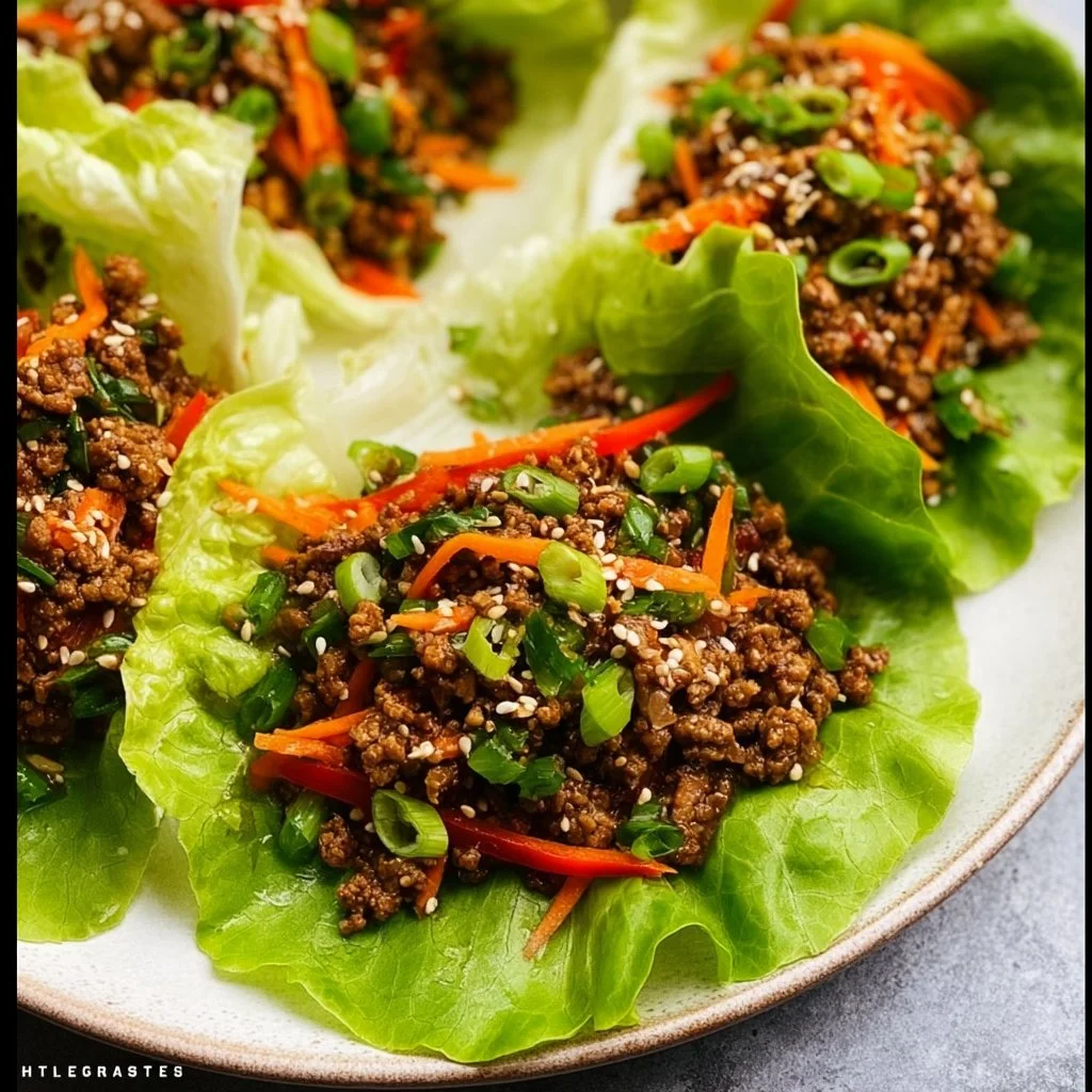 High-protein ground beef lettuce wraps served on a plate.