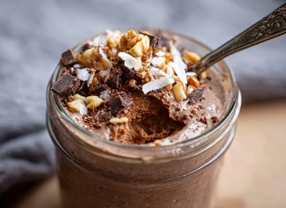 Bowl of chocolate coconut chia pudding topped with coconut flakes and chocolate chips