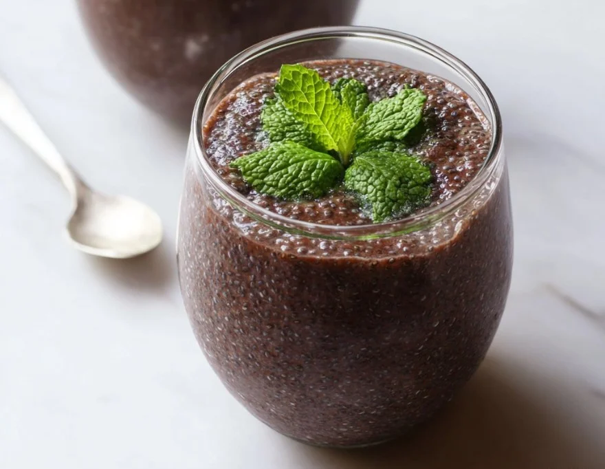 5-ingredient mint chocolate chia pudding bowl topped with fresh mint leaves