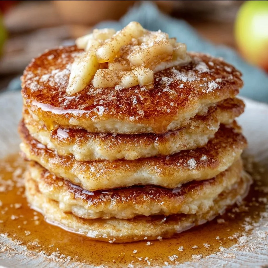 Fluffy apple cinnamon pancakes served with syrup and fresh apple slices