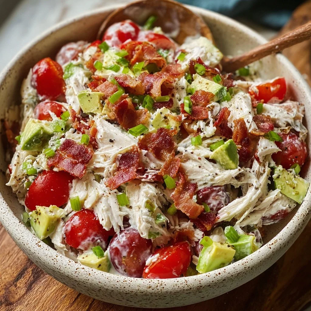 Delicious BLT Chicken Salad with bacon, chicken, and fresh vegetables.