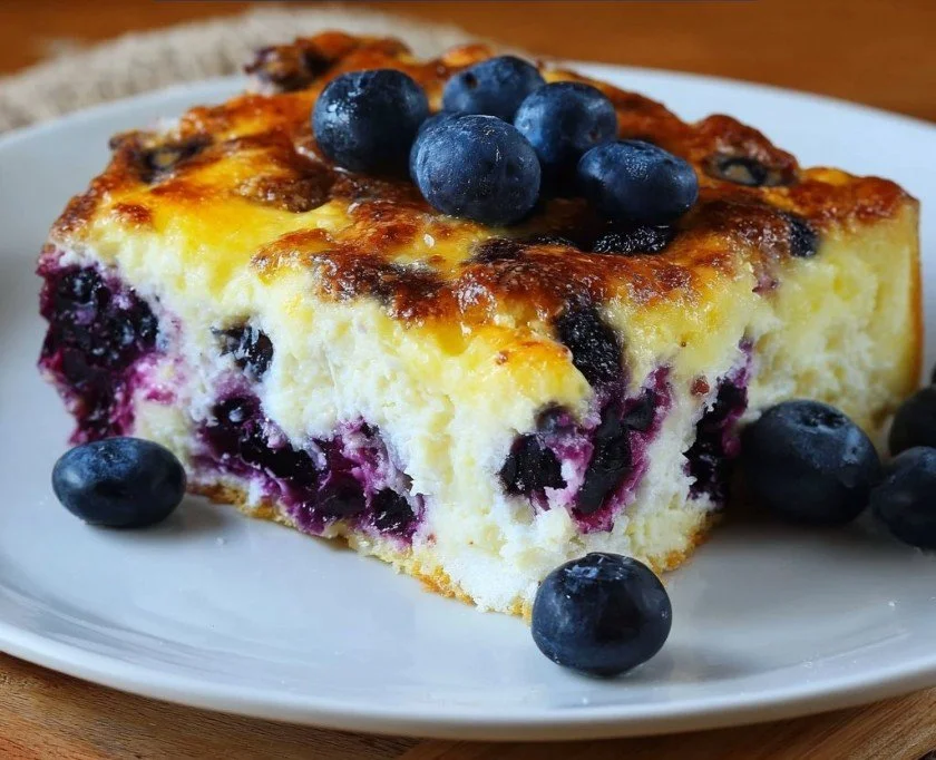 Delicious blueberry cottage cheese breakfast bake served in a dish