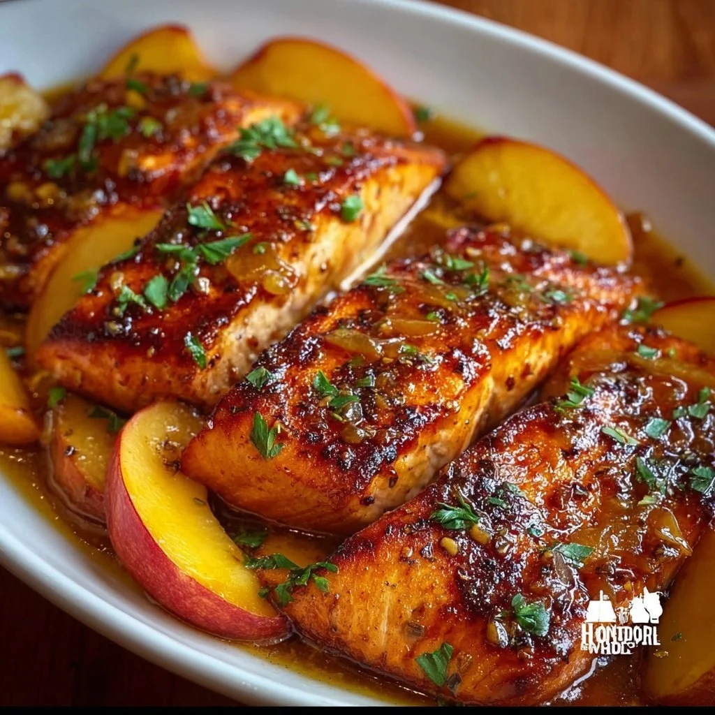 Bourbon Peach Roasted Salmon dish garnished with fresh peaches