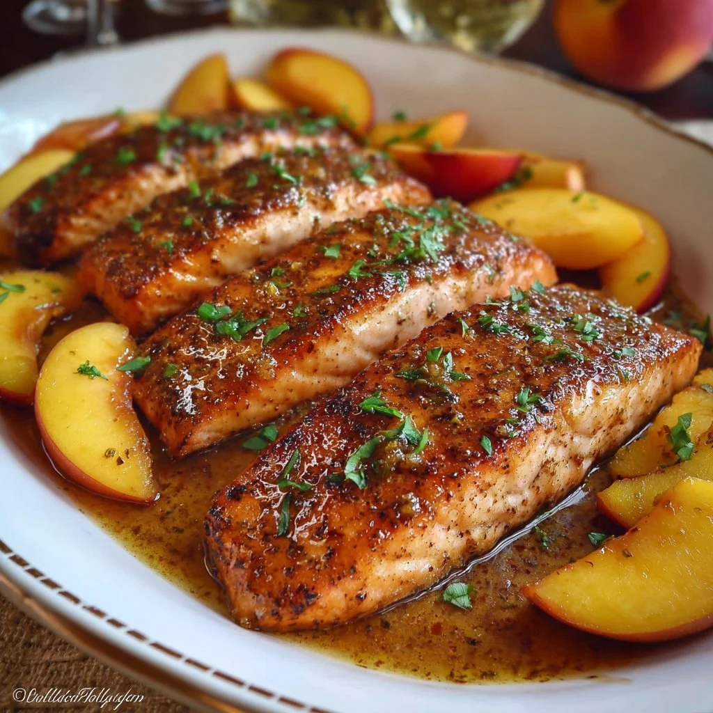Bourbon Peach Roasted Salmon dish garnished with peaches and herbs.