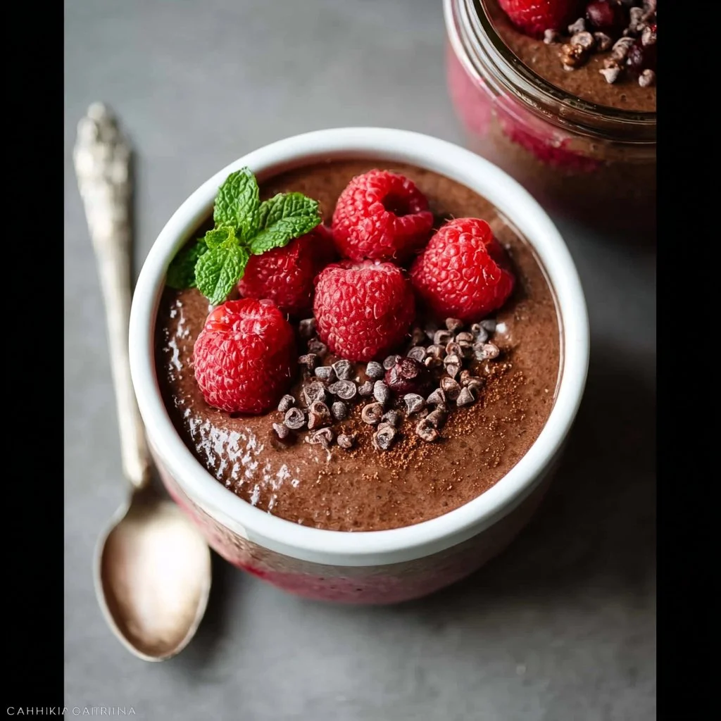 Delicious chocolate raspberry chia pudding topped with fresh raspberries