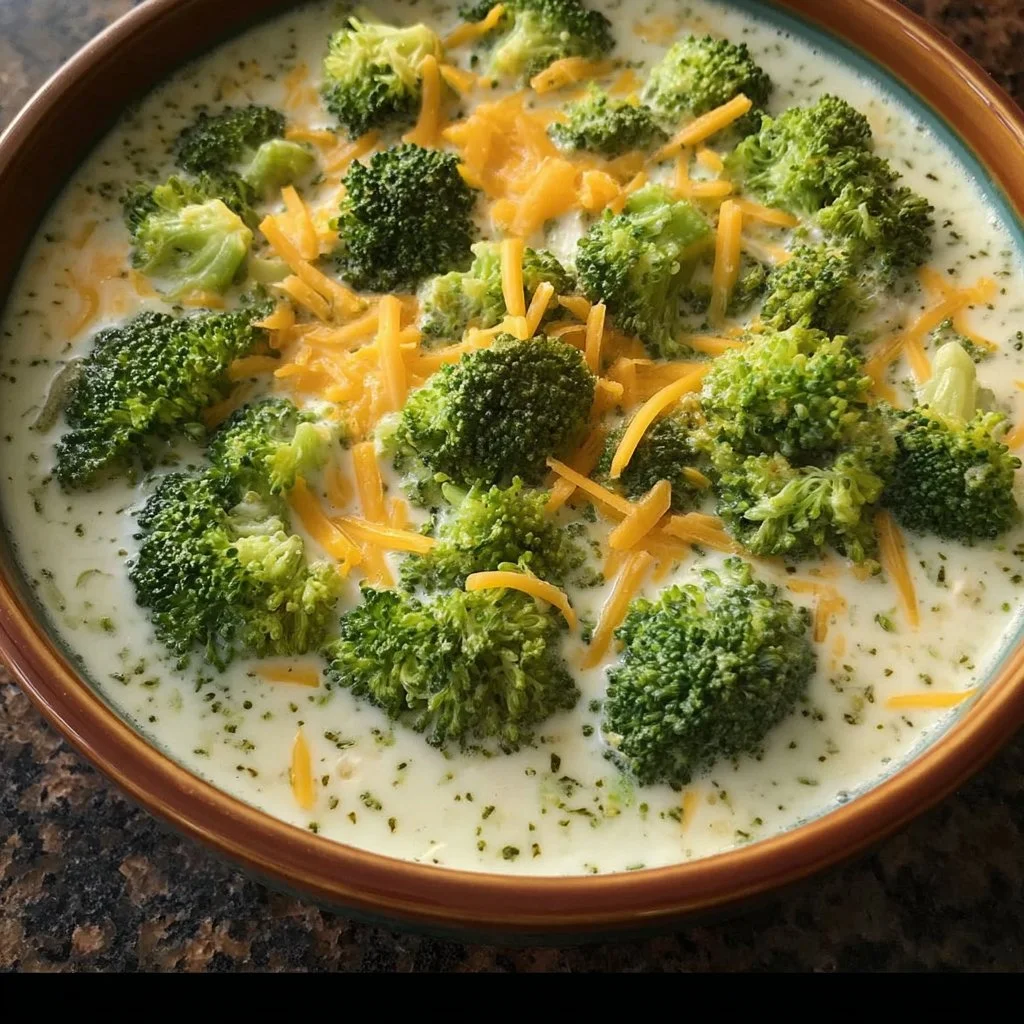 Delicious bowl of broccoli cheddar soup garnished with cheese and herbs