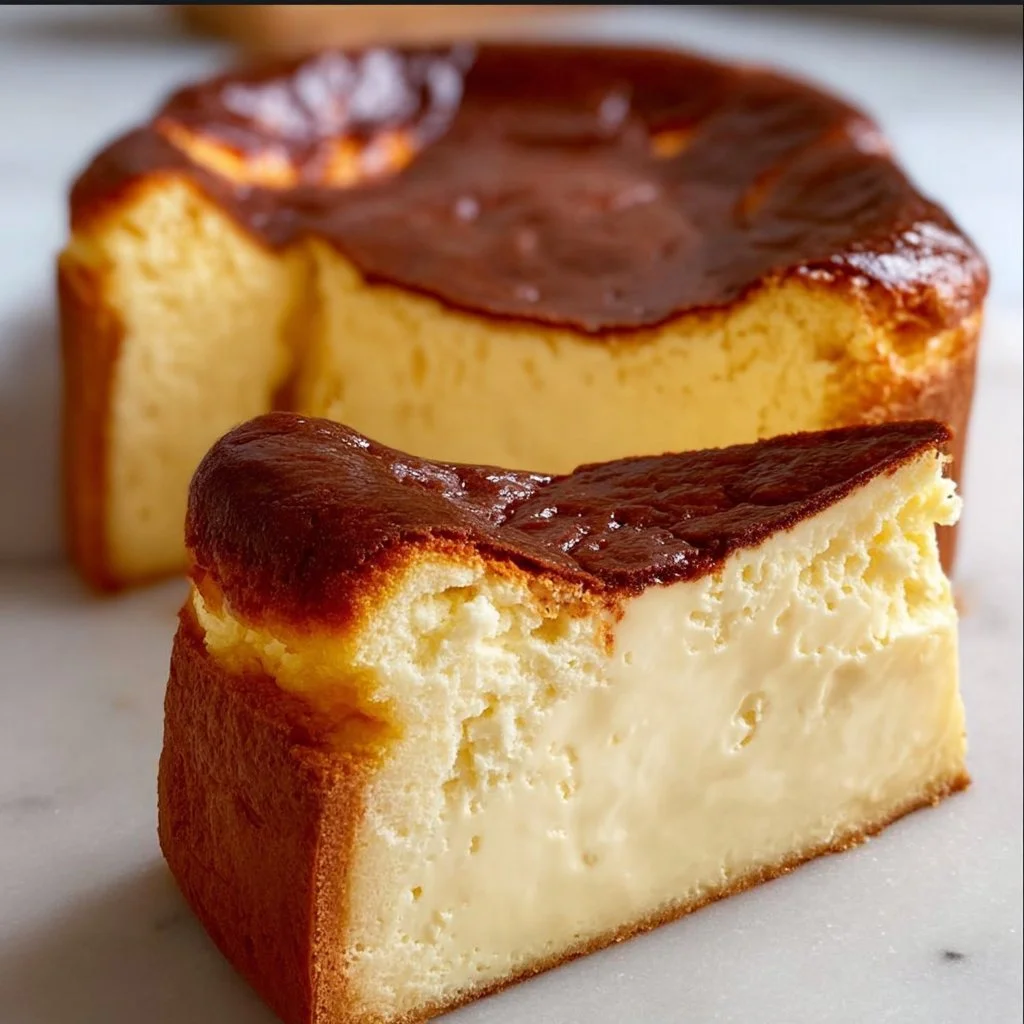 Deliciously burnt Basque cheesecake served on a rustic wooden table.