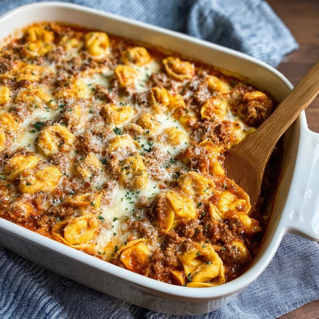 Cheesy baked tortellini casserole with meat sauce served in a dish.