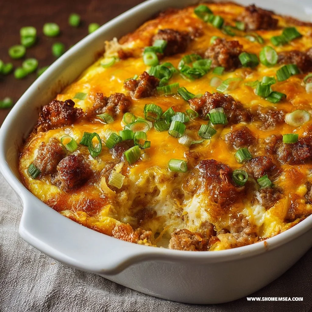 Cheesy sausage casserole served in a vibrant dish, ready for dinner.