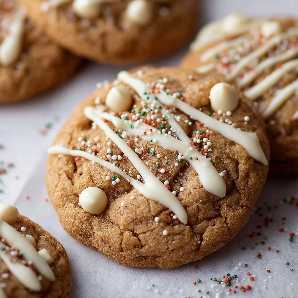 Chewy maple cinnamon cookies with white chocolate on a rustic table.