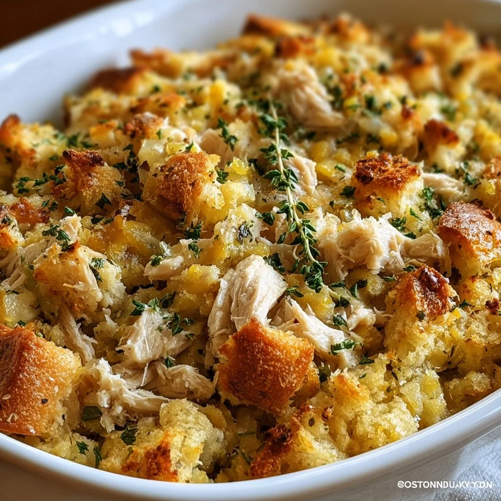 A hearty Chicken Stuffing Casserole topped with golden brown stuffing and herbs.