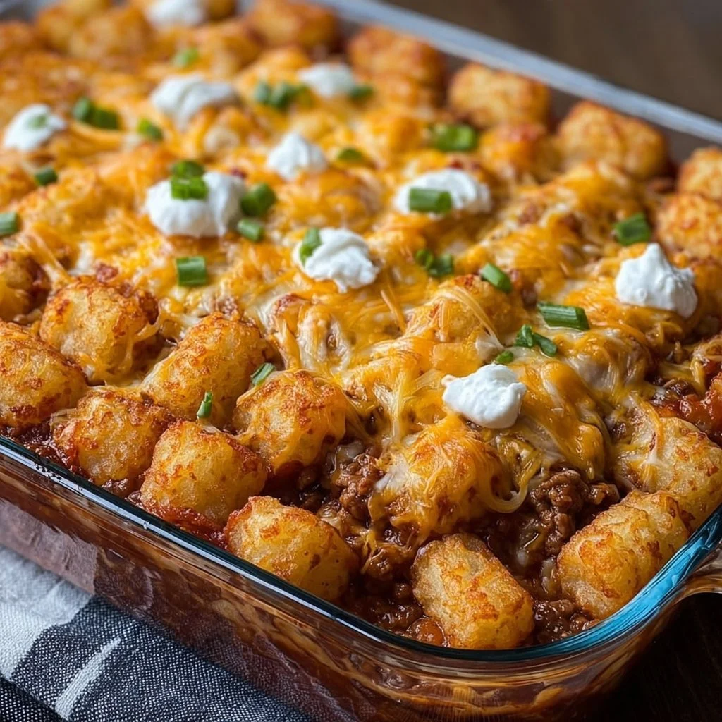 Chili Cheese Tater Tot Casserole topped with melted cheese and tater tots