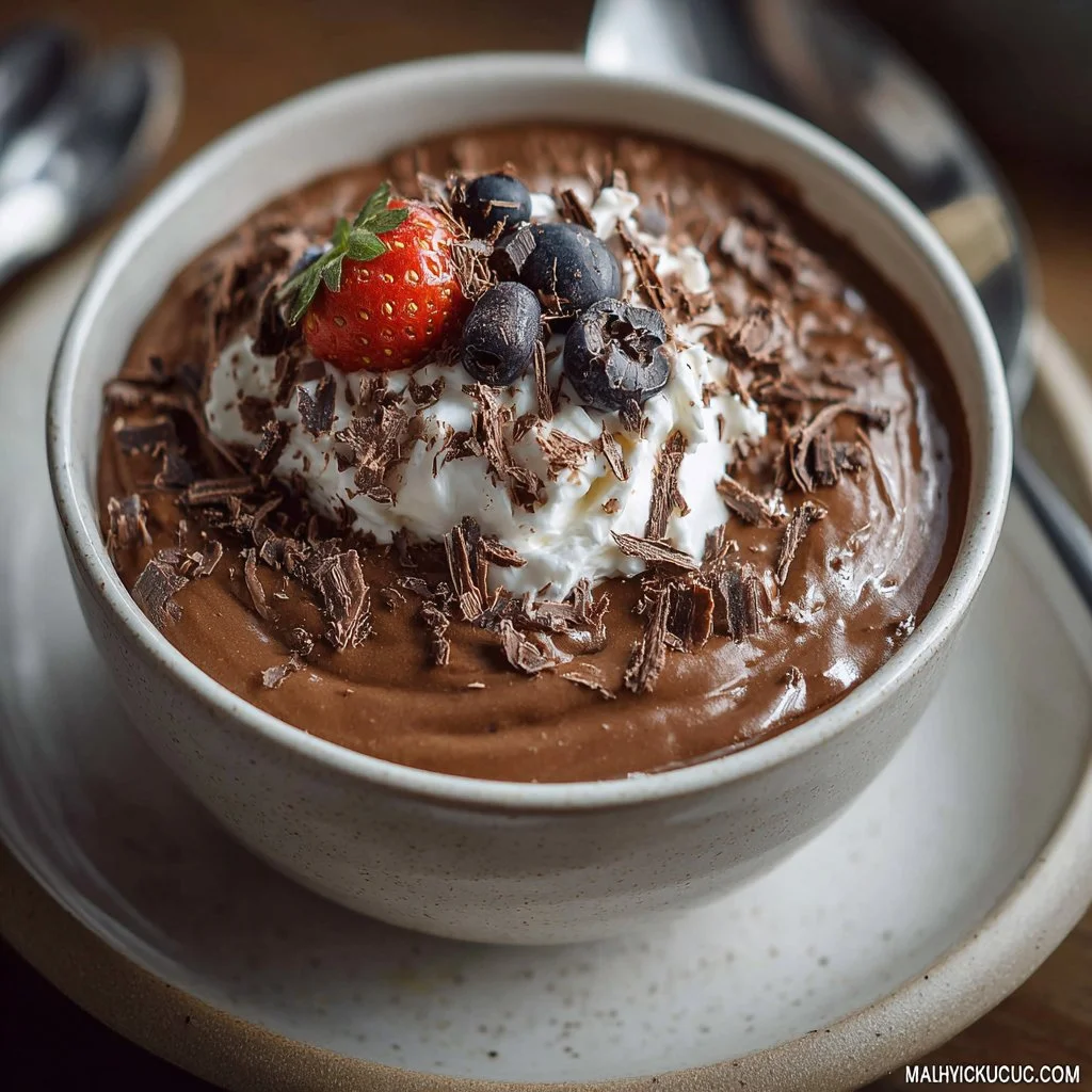 Delicious chocolate protein pudding in a bowl topped with fresh berries