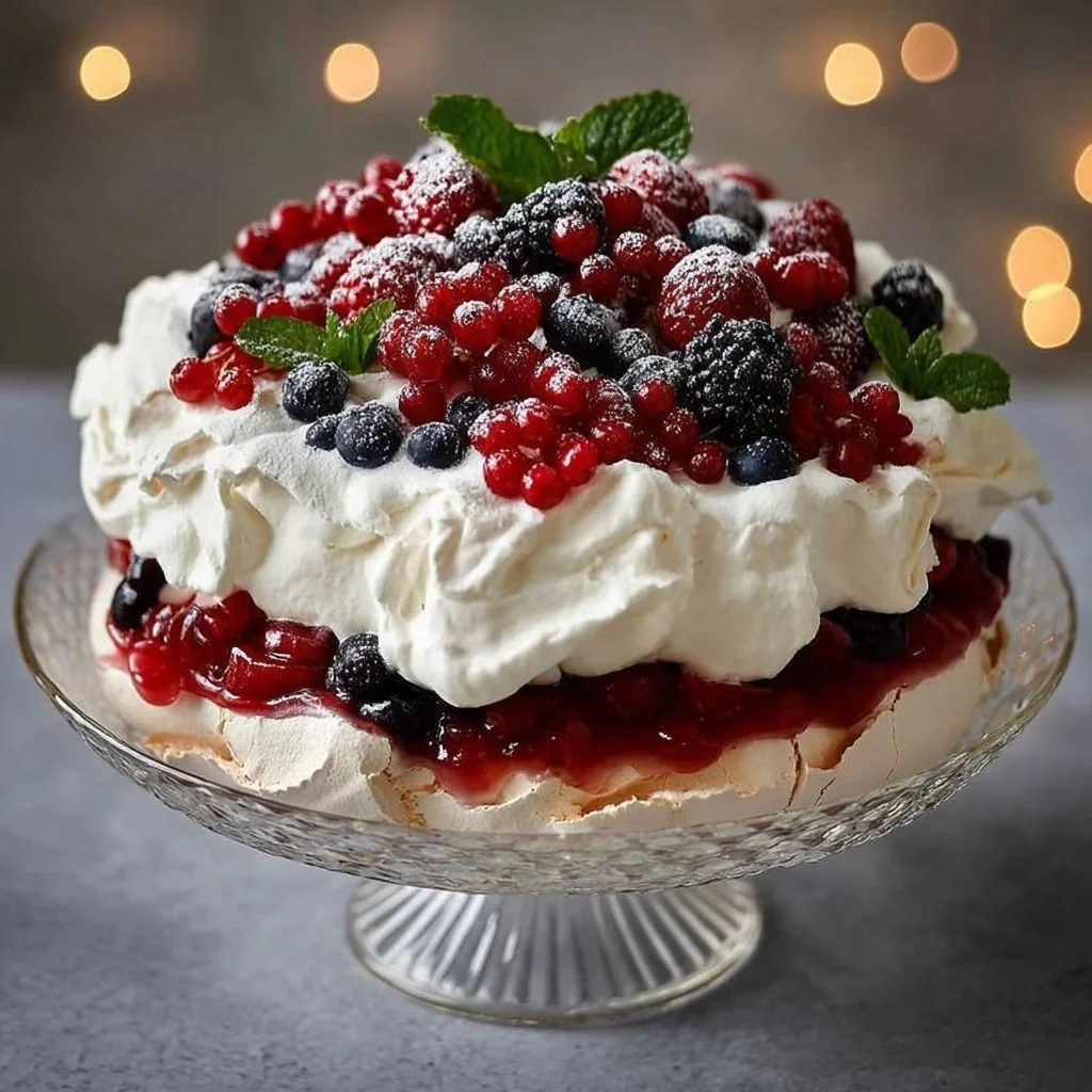 Christmas Pavlova Trifle with layers of meringue, cream, and fruits