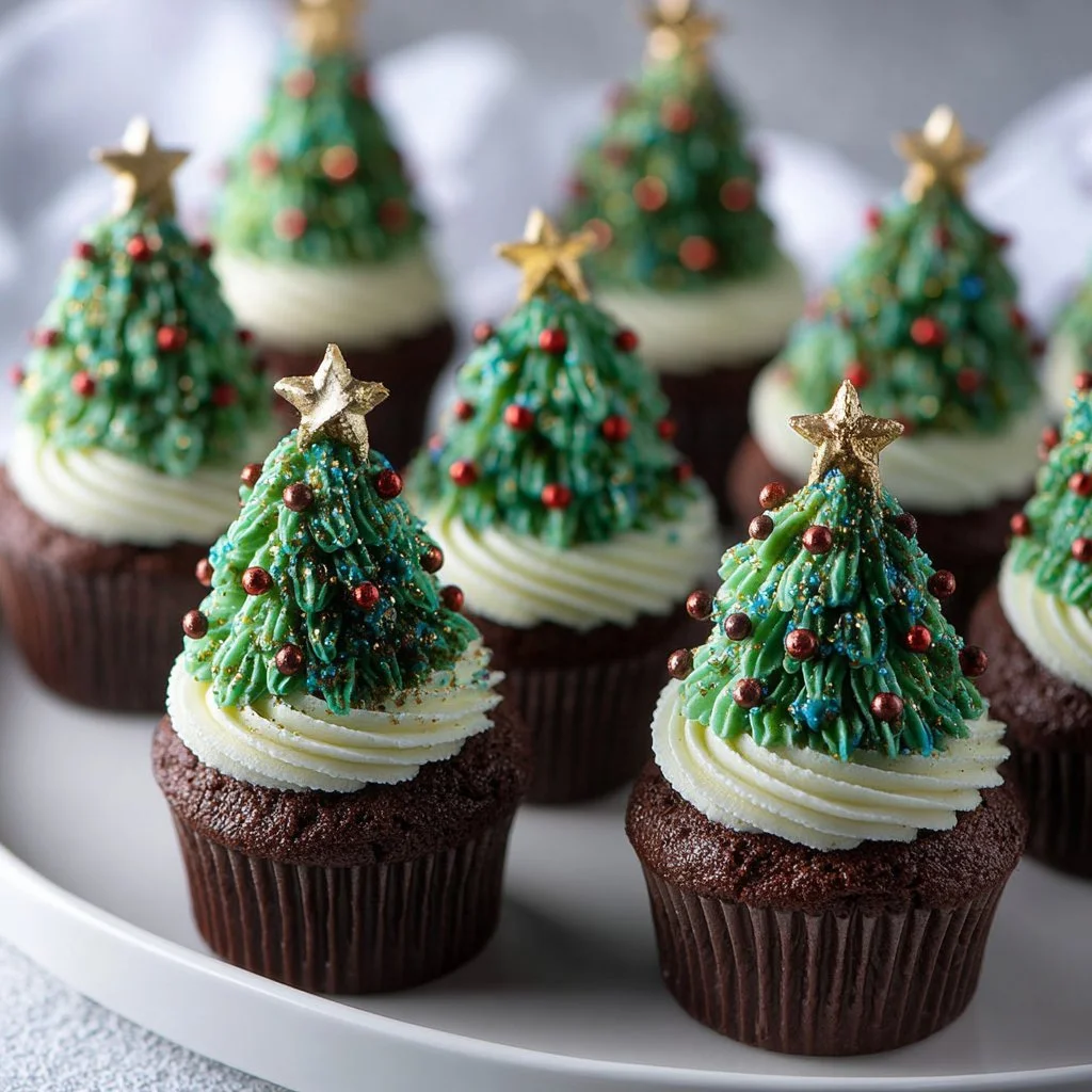 Festively decorated Christmas Tree Cupcakes with green frosting and sprinkles
