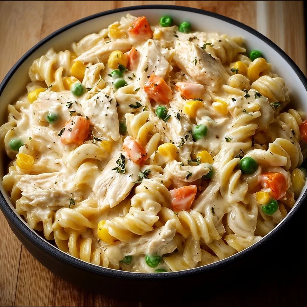 Classic Chicken Pot Pie Pasta ready to serve with fresh herbs on top