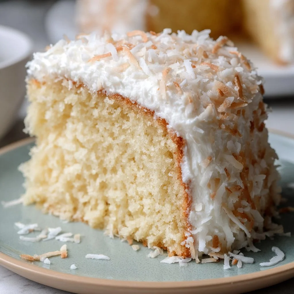 Homemade Coconut Cake with fluffy frosting and fresh coconut flakes