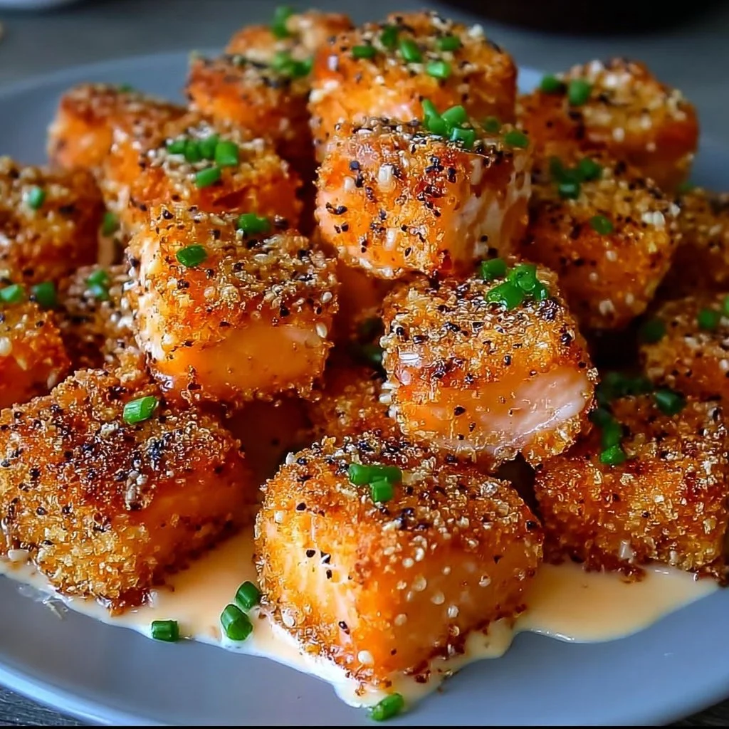Crispy Bang Bang Salmon Bites served on a plate with sauce
