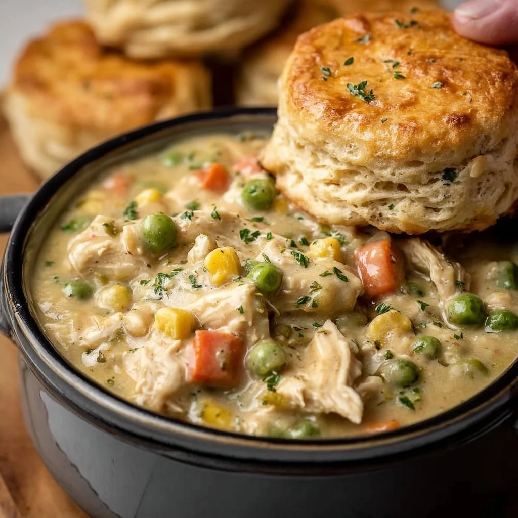 Delicious Crock Pot Chicken Pot Pie served with a flaky crust and filled with veggies.
