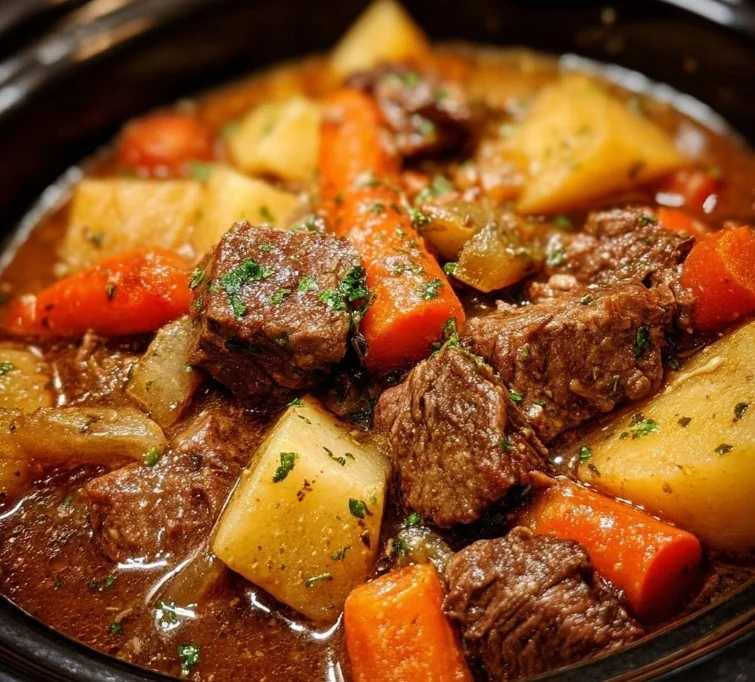 Delicious Crockpot Beef Stew with tender meat and vegetables in a bowl