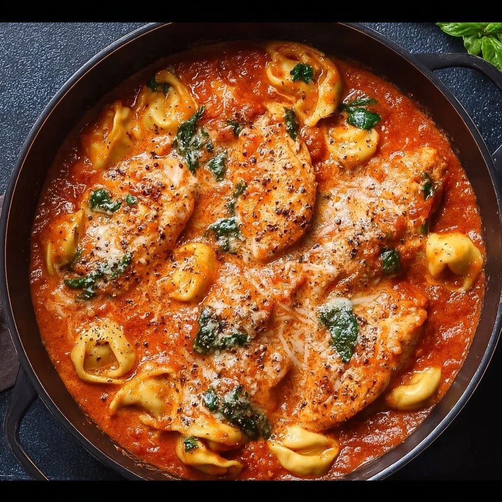 Delicious CrockPot chicken tortellini served in a bowl with fresh herbs