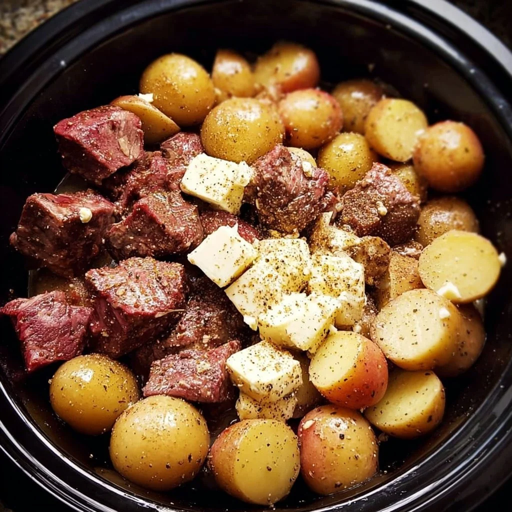 Crockpot Garlic Butter Beef Bites served with potatoes in a savory sauce