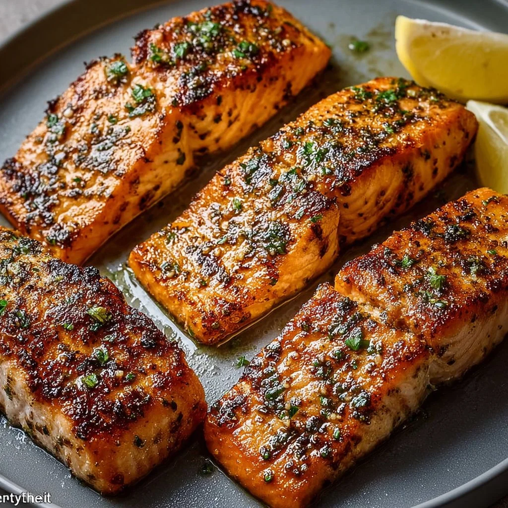Easy Air Fryer Salmon dish served on a plate with lemon and herbs