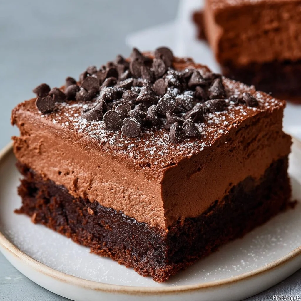 Delicious easy chocolate mousse brownies on a plate ready to serve
