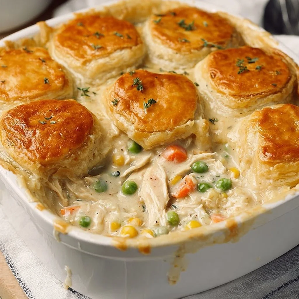 Easy homemade chicken pot pie casserole topped with flaky crust and herbs