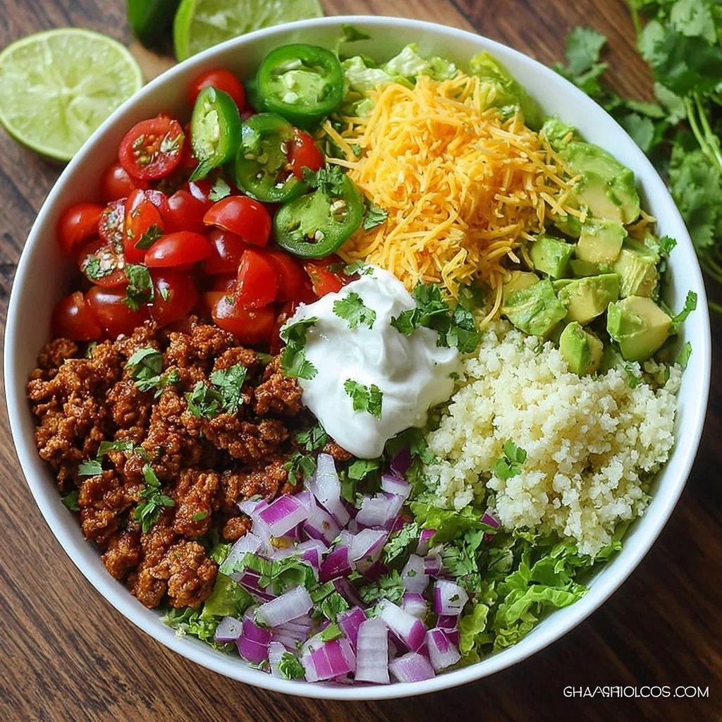 Delicious Easy Low Carb Burrito Bowl with fresh ingredients in a bowl