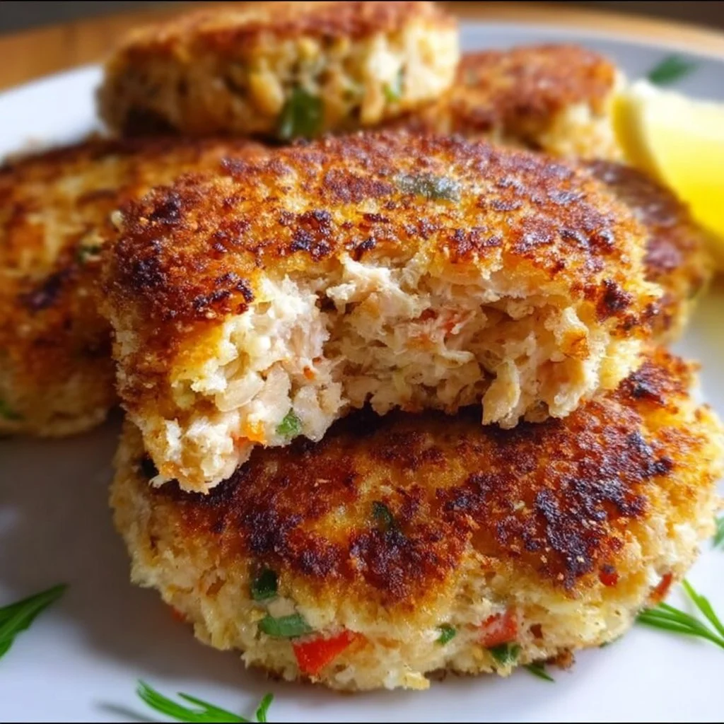 Plate of easy salmon patties garnished with herbs
