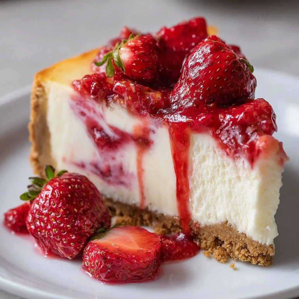 A slice of creamy strawberry swirl cheesecake on a white plate