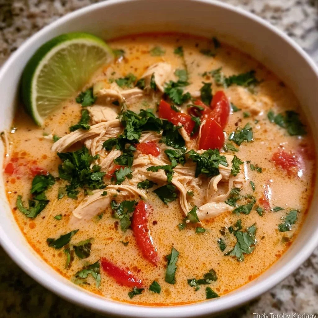 Bowl of Easy Thai Coconut Chicken Soup garnished with herbs and lime